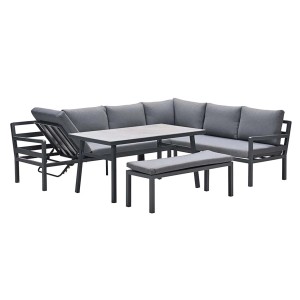 Garden Impressions Lounge-Dining Set Corsica, 4-teilig, Carbon Black: Ecksofa, Tisch und Bank mit grauen Polstern.