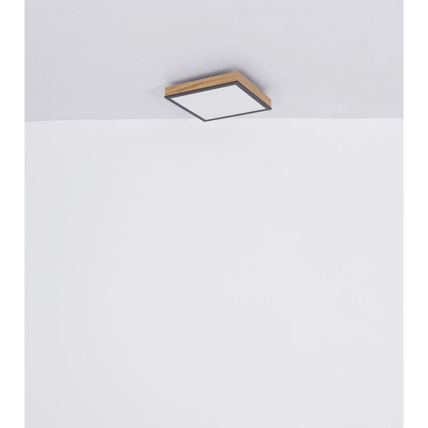 Quadratische LED Deckenleuchte Doro, 30 cm, Holz- und Graphitoptik für Wohnräume.