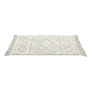 Graue Wenko Badematte Urla (60x90 cm) mit geometrischem Jacquard-Muster und Fransen.