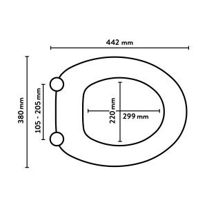 Technische Zeichnung WC-Sitz baliv Itata, Duroplast weiß mit Schmetterling, Maße: 442x380mm