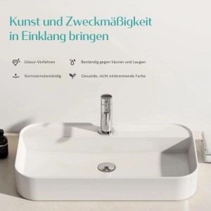 Weißes Emke Keramik Aufsatzwaschbecken, eckig, mit Hahnloch und glänzender Chrom-Armatur.