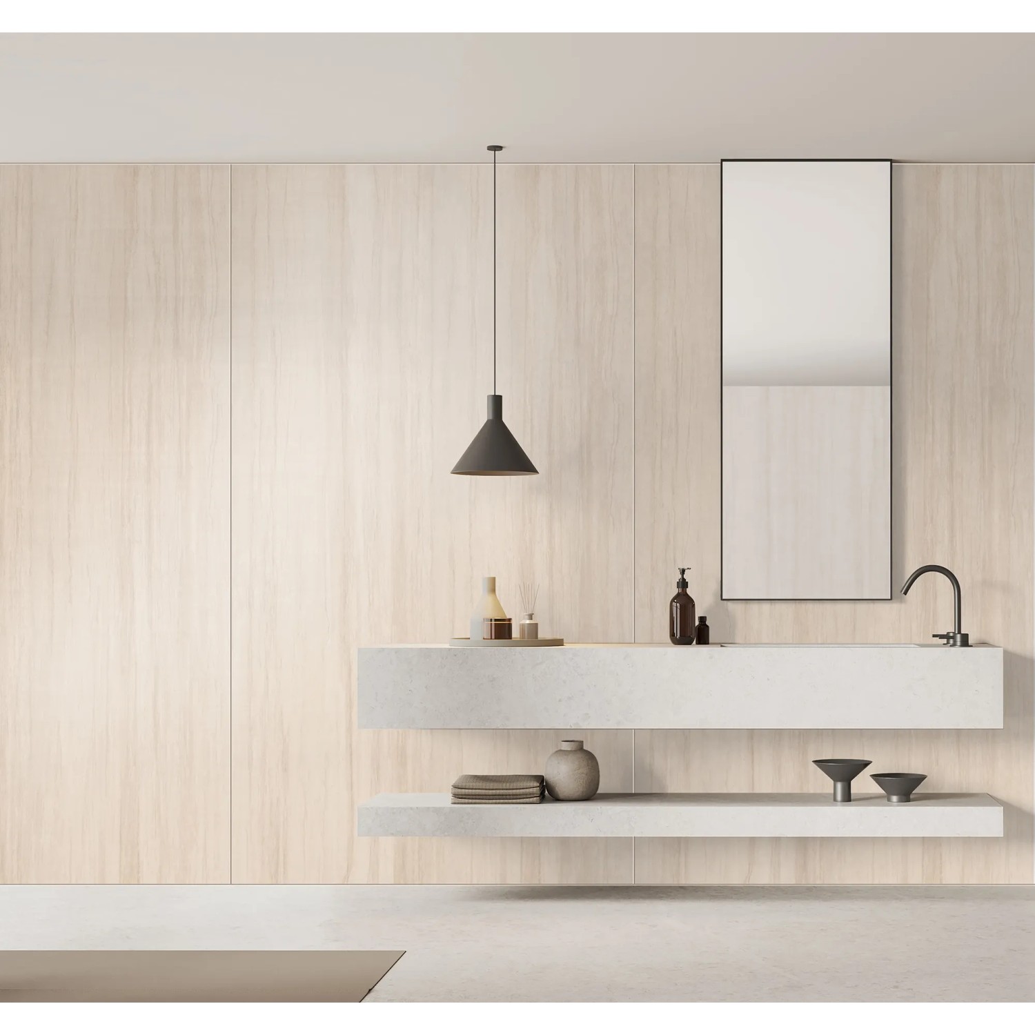 Beige Kronoflooring Wandverkleidung Rock the Wall Flowstone im Badezimmer.