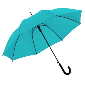 Geöffneter, türkisblauer Derby Regenschirm Trend Lang mit schwarzem Griff und Gestell.