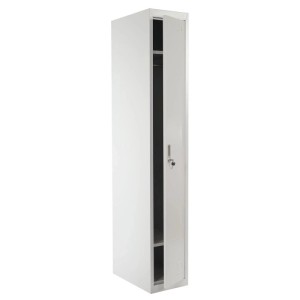 Grauer MCW Spind Boston T163 aus Metall mit offener Tür, Kleiderstange und Spiegel. Büroschrank nach ASR A4.1.