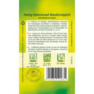Samenpackung Zwerg-Löwenmaul 'Wunderteppich' für bunte Blumenbeete.