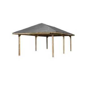 Weka Pavillon Gartenoase 651 B aus Holz mit dunklem Dach für den Garten.