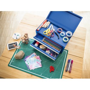 Blaue Mini Toolbox (26cm) mit Schubladen, gefüllt mit Bastelzubehör. Aufbewahrungsbox für Kleinteile.
