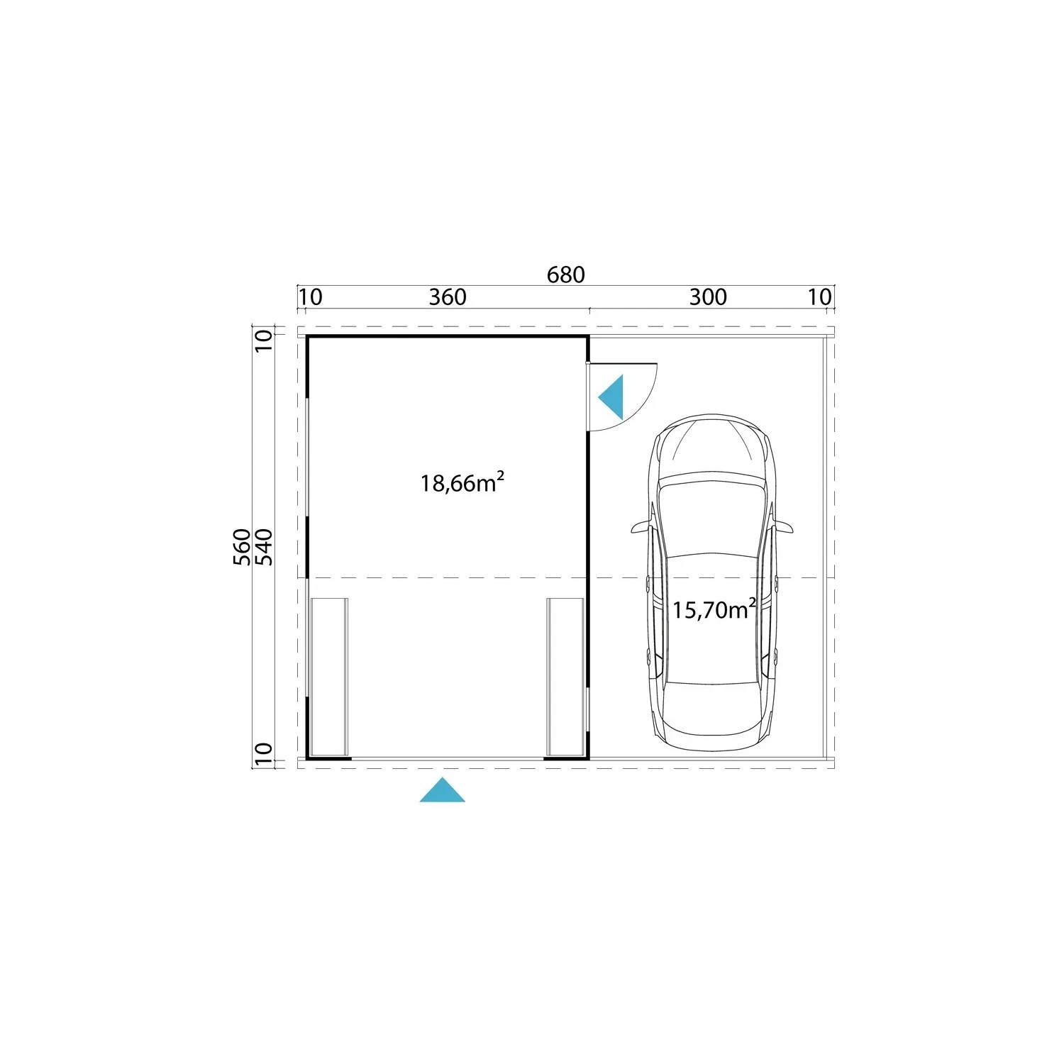 Grundriss der Lasita Maja Holzgarage Bahamas mit Sektionaltor, Maße 660x540 cm.