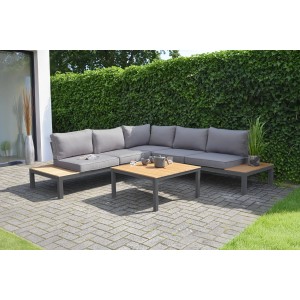 Braunes 4-teiliges Garden Pleasure Lounge-Set Valentina mit grauen Polstern und Tisch.