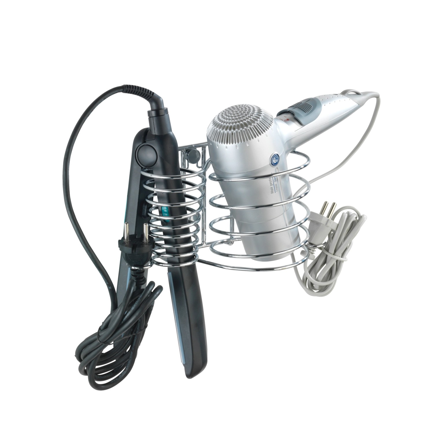 Wenko Haartrockner- & Glätteisenhalter Milano aus verchromtem Metall mit Föhn und Glätteisen.