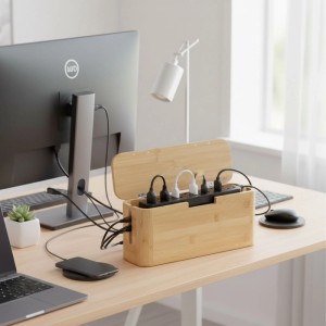 Relaxdays Kabelbox Bambus Natur Magnetisch 14,5 cm x 34 cm x 11 cm