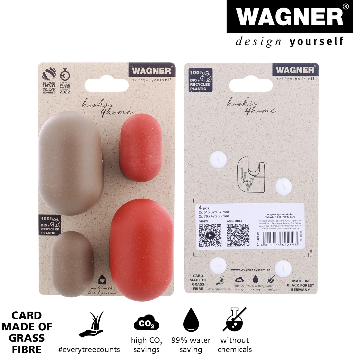 Wagner Wandhaken-Set Pill, 4er-Set in Taupe und Korallenrot. Wandhaken aus Bio-Kunststoff zum Schrauben.