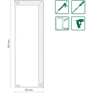 Zeichnung einer weißen FN Neuhofer Rohrabdeckleiste FRA04 aus MDF, 50x150x2400mm, zur Abdeckung von Heizungsrohren.