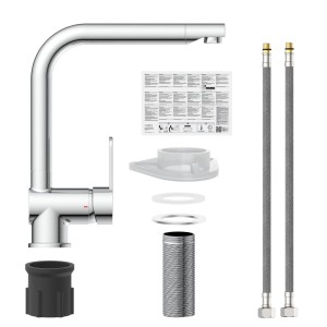 Chrom Spültisch-Armatur Rio mit Einhebelmischer, schwenkbarem Auslauf und Montagezubehör für die Küche.
