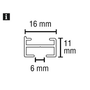 Querschnitt der Gardinia Vorhangschiene Lucy, schwarz-matt, mit Maßangaben.