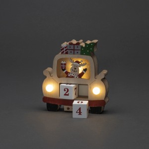 Konstsmide LED Holzsilhouette Rentier im Auto mit Datumswürfeln, warmweiß beleuchtet.