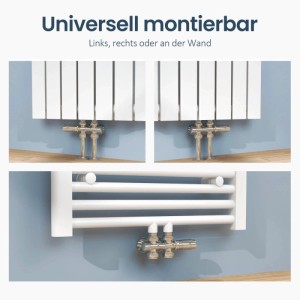 Emke Multiblock Ventil Chrom mit Thermostat an Heizkörpern, flexibel links, rechts oder horizontal montiert.