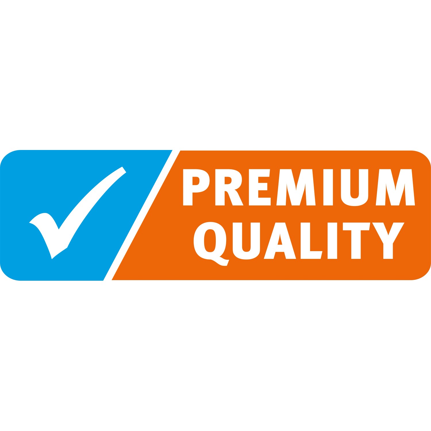 Premium Qualität Siegel mit Haken in Blau und Schriftzug in Weiß auf Orange.