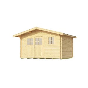 Unbehandeltes Weka Holz-Gartenhaus Sienna mit Satteldach, 380x370 cm. Gartenhaus mit Doppeltür und Fenster.