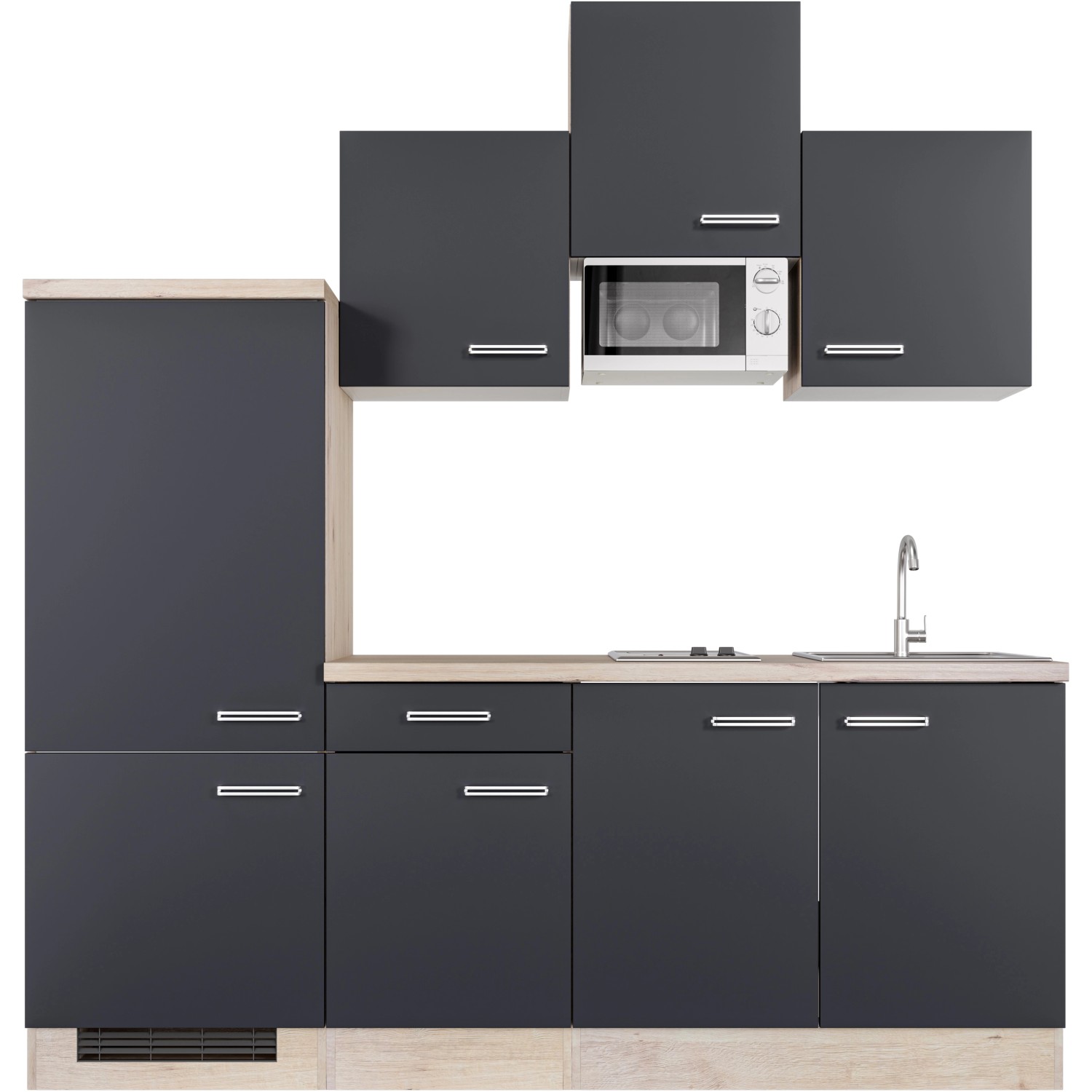 Flex-Well Küchenzeile Lara 210 cm in Anthrazit/San Remo Eiche mit Kühlschrank, Kochfeld und Mikrowelle.