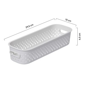 Weißer, schmaler SmartStore Essence Aufbewahrungskorb mit Löchern und Griffen.