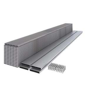GroJa Bausatz EV1 Fertigzaun DIY: Hellgraue BPC-Profile, Aluminium-Querriegel und Befestigungsmaterial für Sichtschutzzaun.