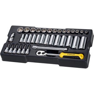 Stanley Steckschlüssel-Set 3/8 Zoll, 36-teilig mit Knarre, Verlängerung und Bits im schwarzen Koffer.