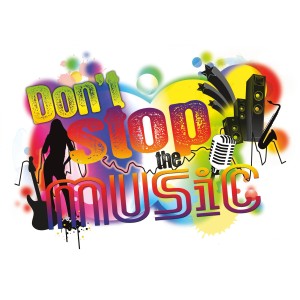 Bunter Deko-Sticker "Don't Stop The Music" mit Gitarre, Mikrofon, Lautsprecher und Saxophon.