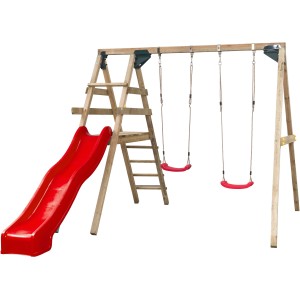 SwingKing Doppelschaukel Celina mit roter Rutsche und Leiter aus Holz.