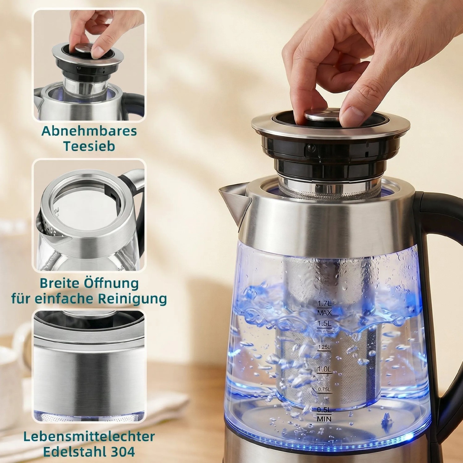 HOMCOM Wasserkocher aus Glas/Edelstahl, Silber, mit kochendem Wasser, blauem Licht, abnehmbarem Teesieb und breiter Öffnung.