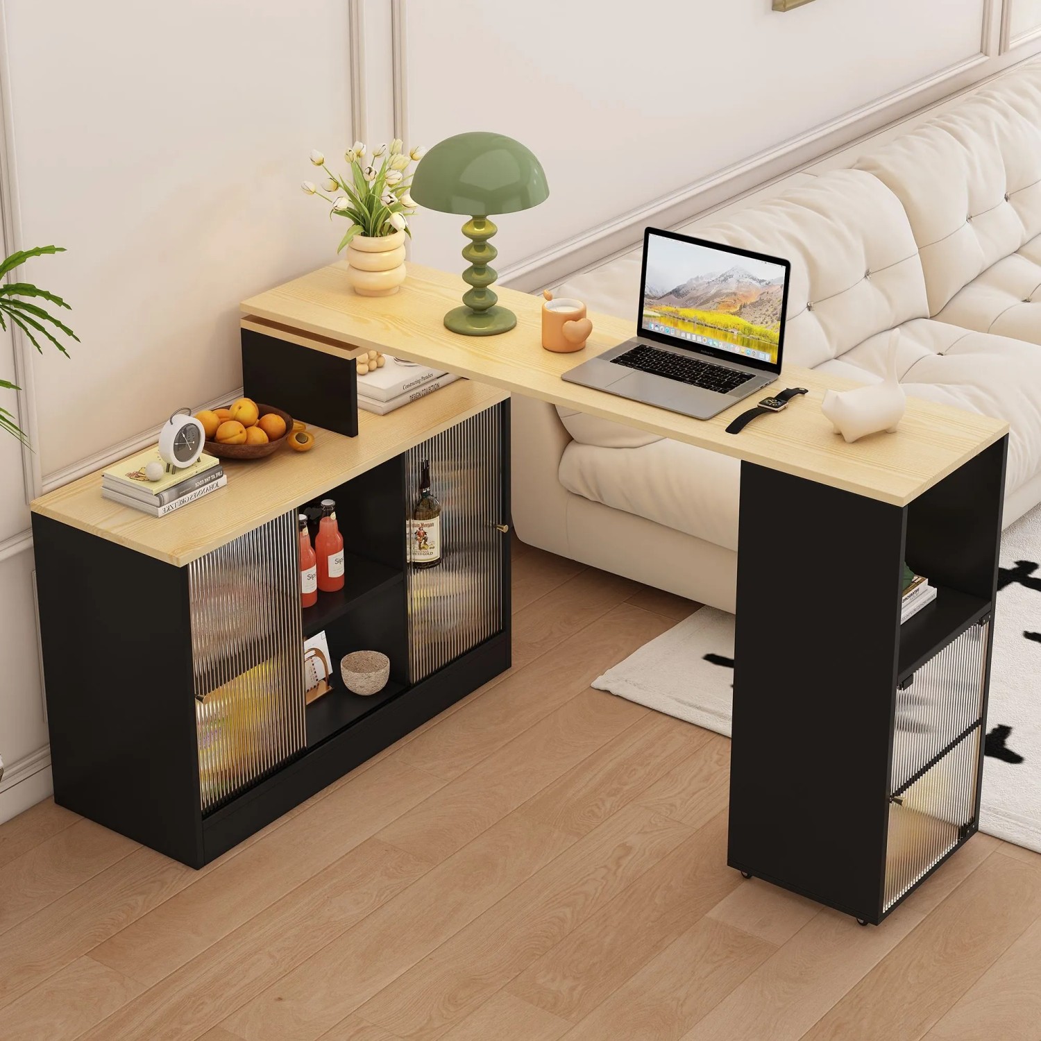 okwish Bartisch mit Drehbar Stauraum Beweglich Küche 135x39x105cm Schwarz_3