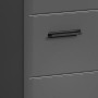 Detailansicht: Grauer Waschbeckenunterschrank (60cm) mit Schubladen und Griffen.