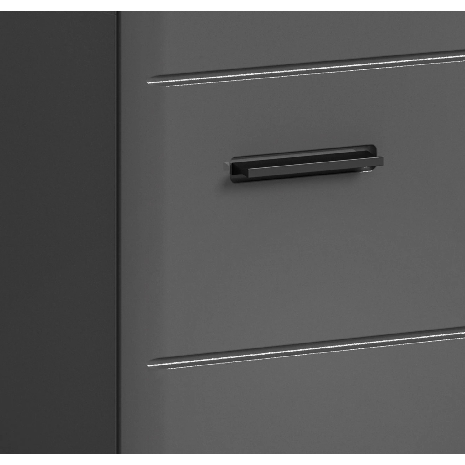 Detailansicht: Grauer Waschbeckenunterschrank (60cm) mit Schubladen und Griffen.