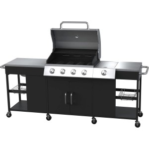 Schwarzer Gasgrill mit 4 Brennern, Seitenbrenner, Ablageflächen und Unterbauschrank.