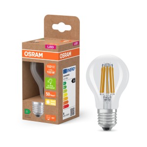 Osram LED-Lampe E27 in Glühlampenform A100, 7.2W, 2700K, mit Verpackung.