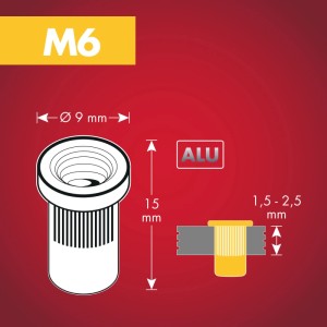 Abbildung einer Alu Nietmutter M6, 9x15 mm, zur Befestigung mit Zangen.