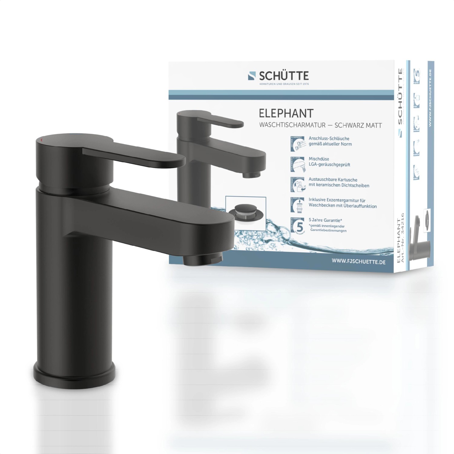 Schütte Elephant Waschtischarmatur, schwarz-matt. Elegante Armatur für Waschbecken im modernen Design.