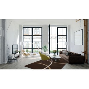 Moderner Teppich Moda 4210 in Mokka, 80x150 cm, mit geschwungenem Muster im Wohnzimmer.