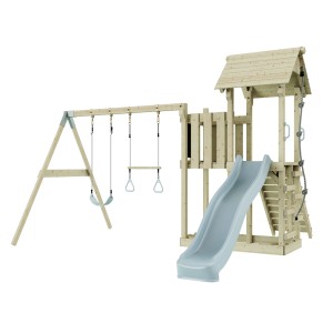 PolarPlay Spielturm Uppsala mit Rutsche, Schaukel und Trapezstange Eisblau.