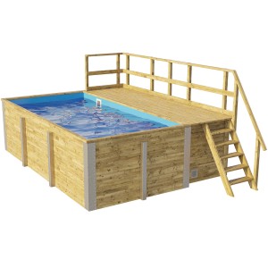 Weka Holzpool mit Sonnendeck, Technikraum und blauer Folie. Ideal für Badespaß im Garten.