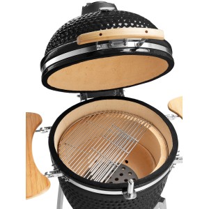 Schwarzer Buschbeck Keramik-Ofen Kamado mit Grillrost und Ablagen, ideal zum Grillen, Backen und Räuchern.