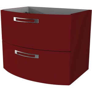 Waschbeckenunterschrank Best, 69 cm, rot glänzend mit zwei Schubladen und silberfarbenen Griffen.