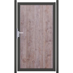 GroJaPremo Tor Holzoptik Rahmen DB703 für Sichtschutzzäune, mit Holzstruktur und grauem Rahmen.