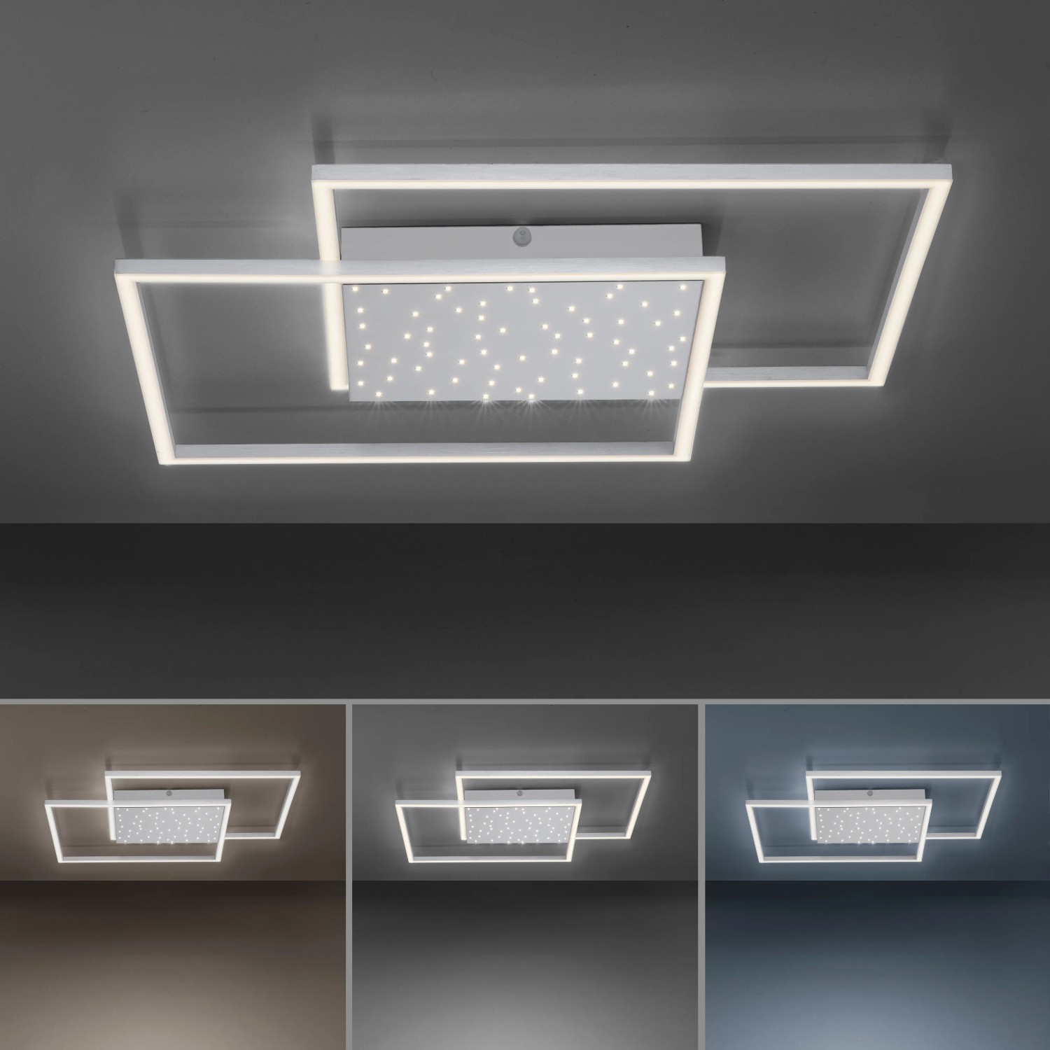 Moderne LED-Deckenleuchte Yuki in Stahlfarben mit Sternenhimmel-Effekt, ideal als Wohnraumleuchte.