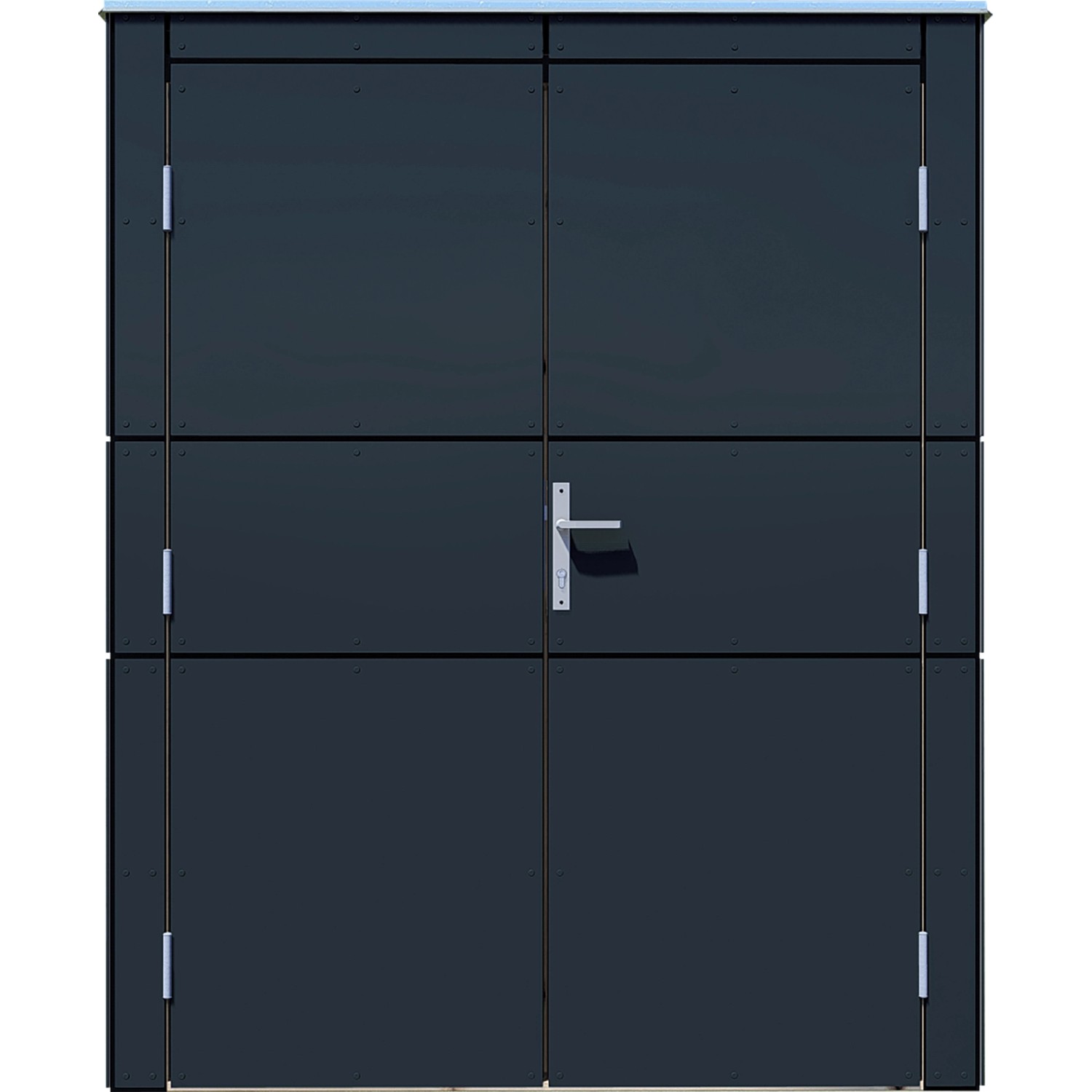 Bertilo Gartenhaus HPL Bike Port, anthrazitfarben mit Doppeltür. Holz-Gartenhaus für Fahrräder und Gartengeräte.