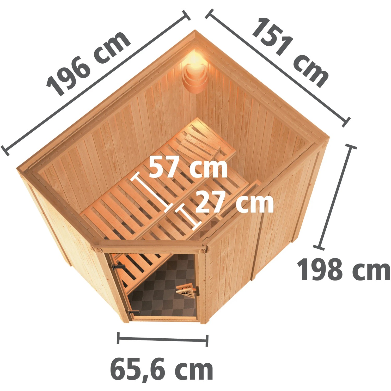 Karibu Sauna Cleo mit Bio-Ofen und Glastür, Ansicht von oben mit Maßen.