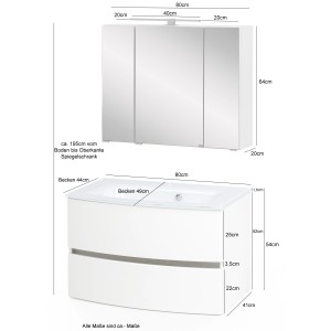 Held Möbel Waschtisch-Set Salerno, 80 cm, weiß/Eiche mit Glasbecken und Spiegelschrank mit LED-Leuchte.