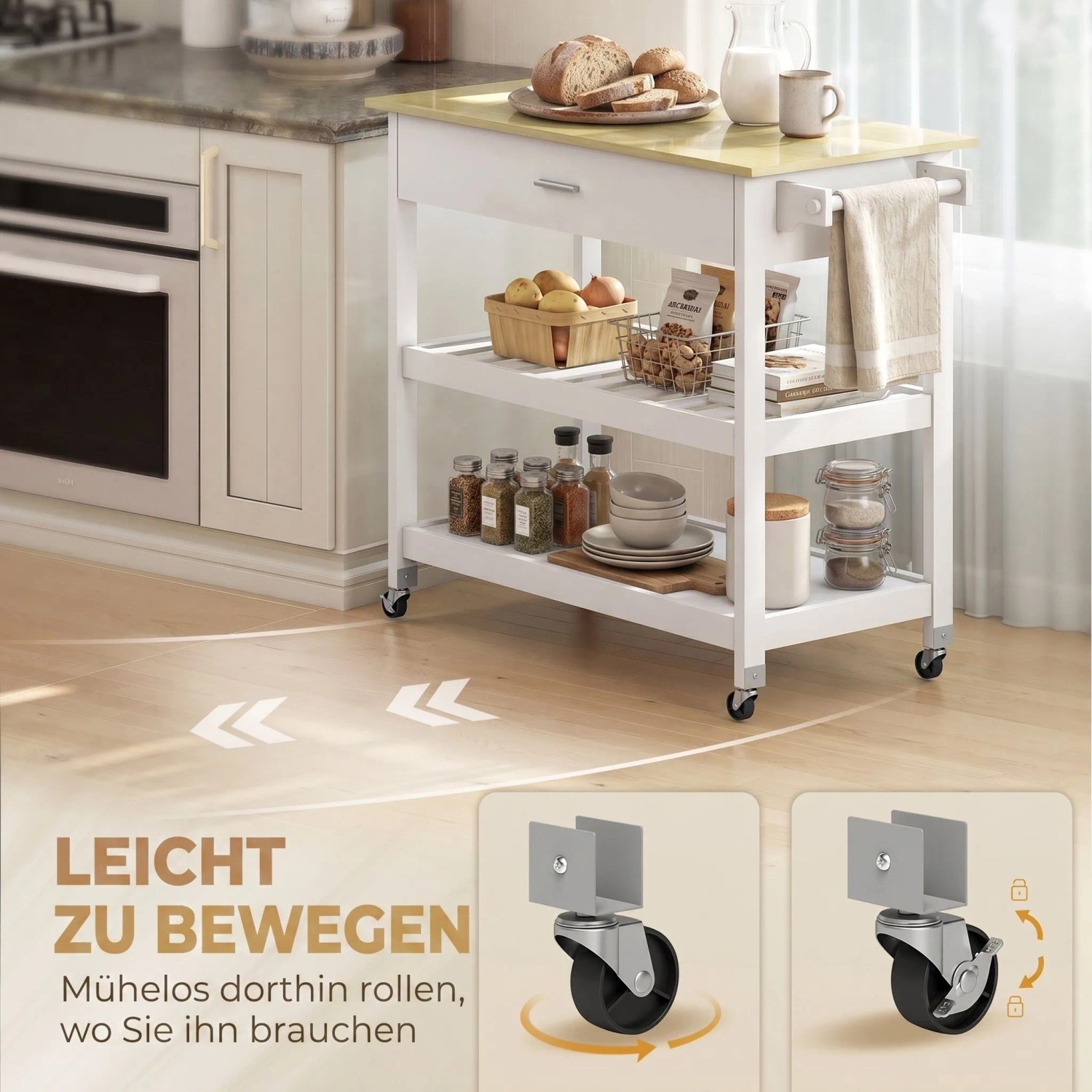 Weißer HOMCOM Küchenwagen aus MDF mit heller Holz-Arbeitsplatte, Schublade, zwei Regalen und Rollen. Praktisch für die Küche.