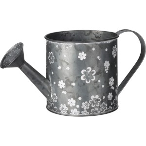 Grauer Zink-Pflanztopf in Gießkannenform mit Gänseblümchen-Design, 27x13,5cm. Dekorativer Übertopf.