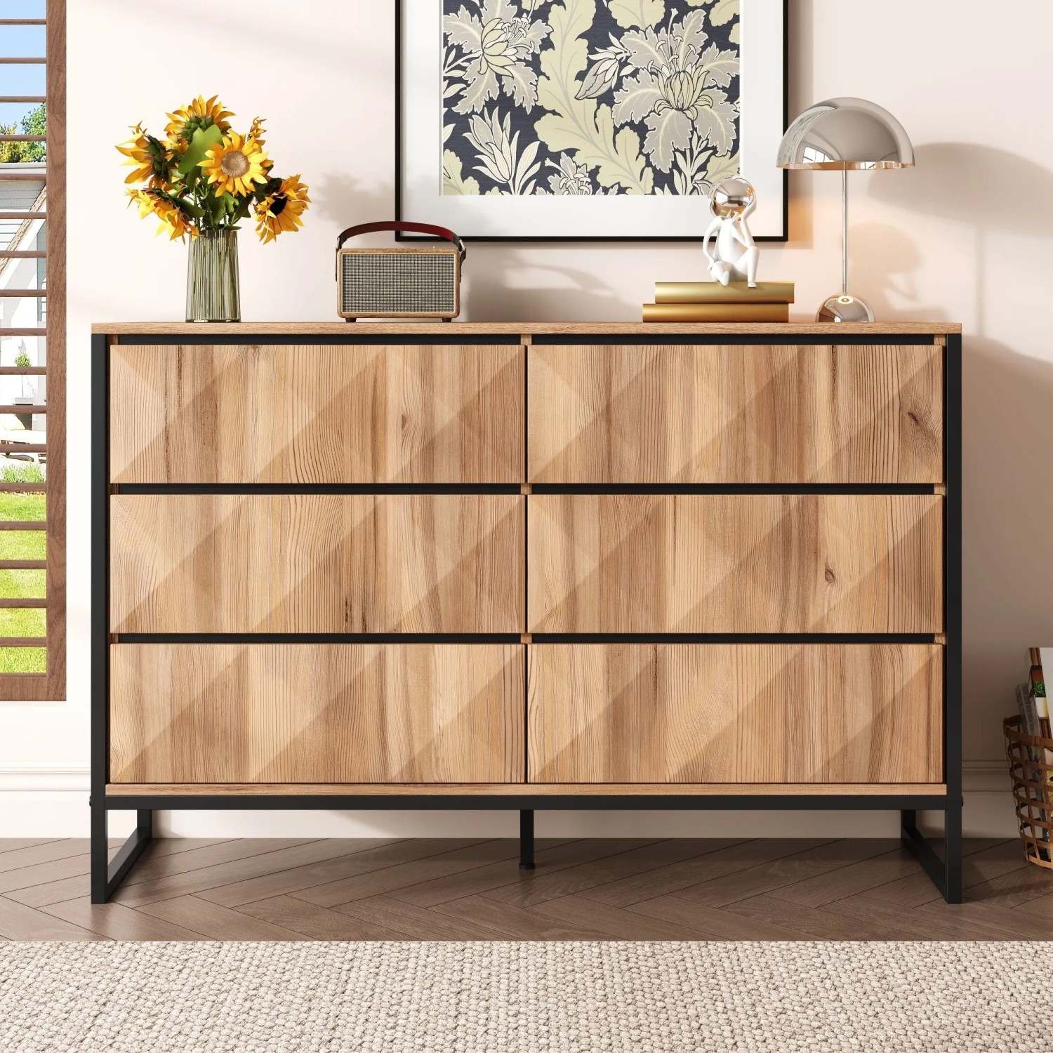okwish Sideboard mit Metallbeinen Erhöhten Türen Wohnzimmer 120x40x80cm Schwarz Natur_3